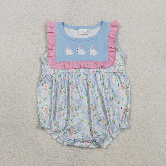 RTS Baby Girls Infant Sleeveless Embroidery Rabbits Flower Easter Bubble Ruffle Romper