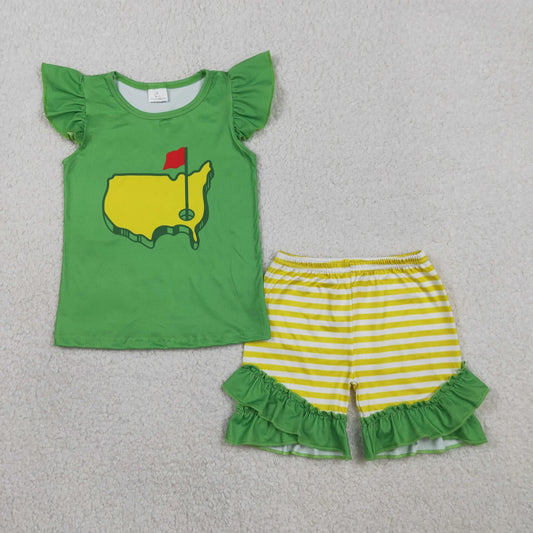 RTS Baby Girls Green Short Sleeves Golf Shirt Plaid Ruffle Shorts Clothes Set