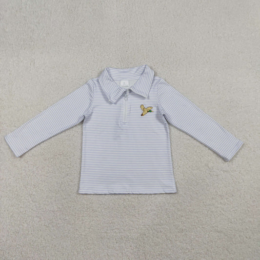 RTS Baby Boy Long Sleeves Embroidery Duck Blue Stripes Zipper Pullover Shirt