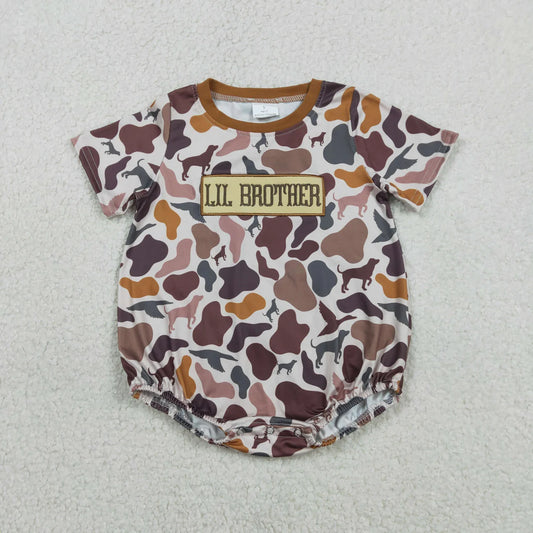 RTS Baby Boys Embroidery Lil Brother Camo Brown Summer Bubble Romper