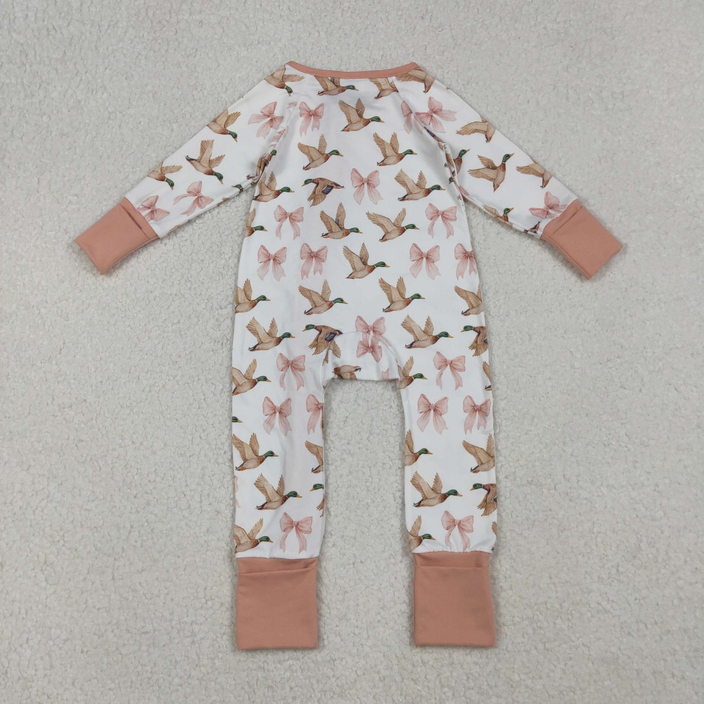 RTS Baby Girl Long Sleeves Ducks Pink Bows Zipper Pajamas Romper