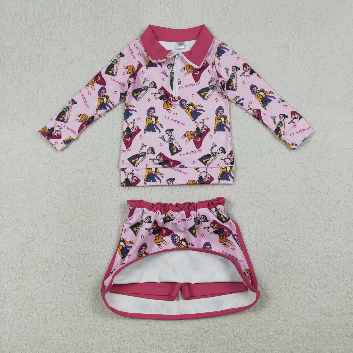 RTS Baby Girls Singer Characters Zipper Shirt Skirt Shorts Yoga Pink Clothes Set