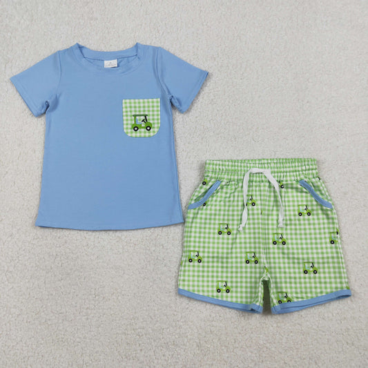RTS Baby Boys Short Sleeves Shirt Embroidery Golf Plaid Pockets Shorts Clothes Set