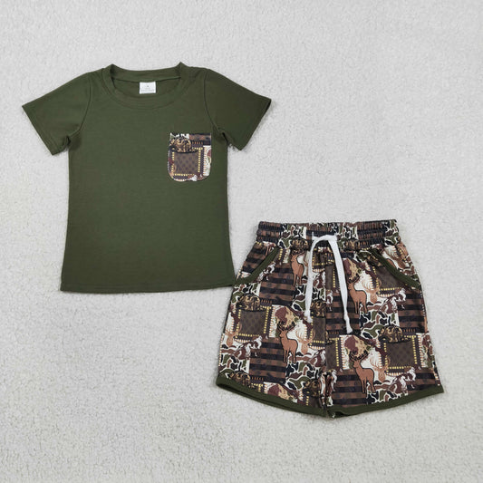 RTS Baby Boys Kids Short Sleeves Shirt Hunting Deer Hats Camo Pockets Shorts Clothes Set
