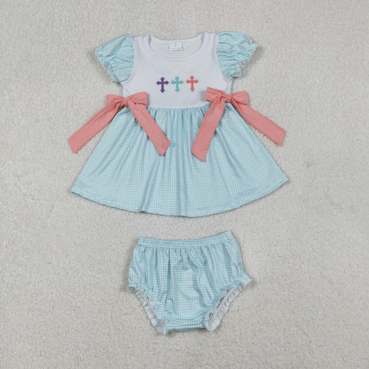 RTS Girls Kids Embroidery Cross Easter Tops Blue Bummie Shorts Easter Set