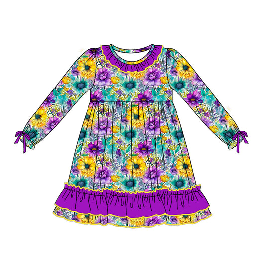 MOQ:5 Purple Long Sleeve Wholesale Boutique Kid Clothing Kid Dresses