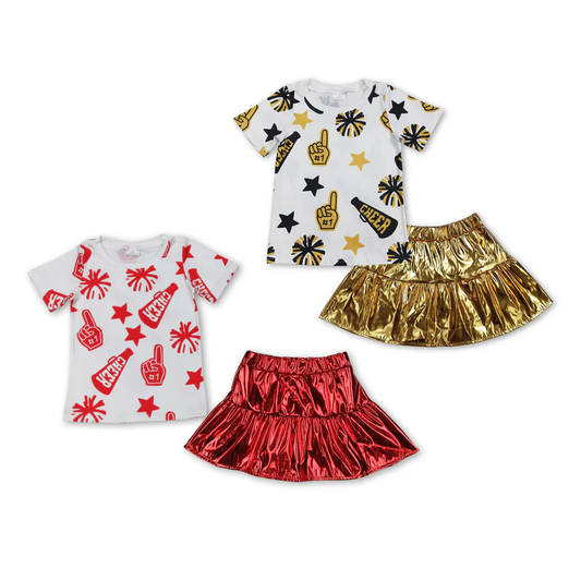RTS NO MOQ Summer Sibling Baby Girls Cheer Stars Shirt Top Leather Skirts Clothes Sets