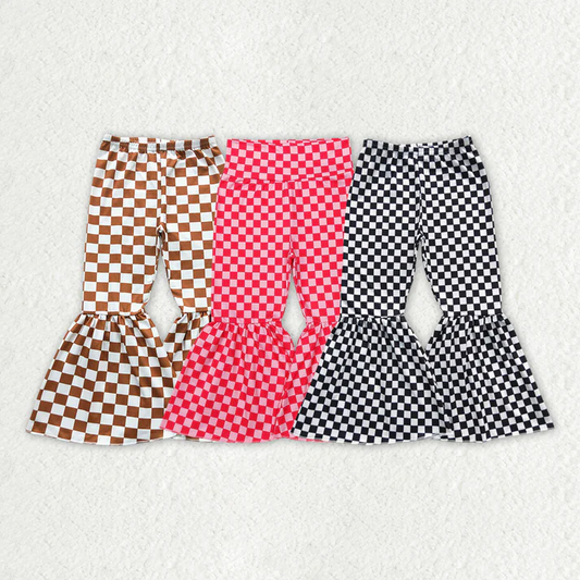 RTS NO MOQ Sibling Baby Girls Trousers 3 Colors Checkered Bell Bottom Pants