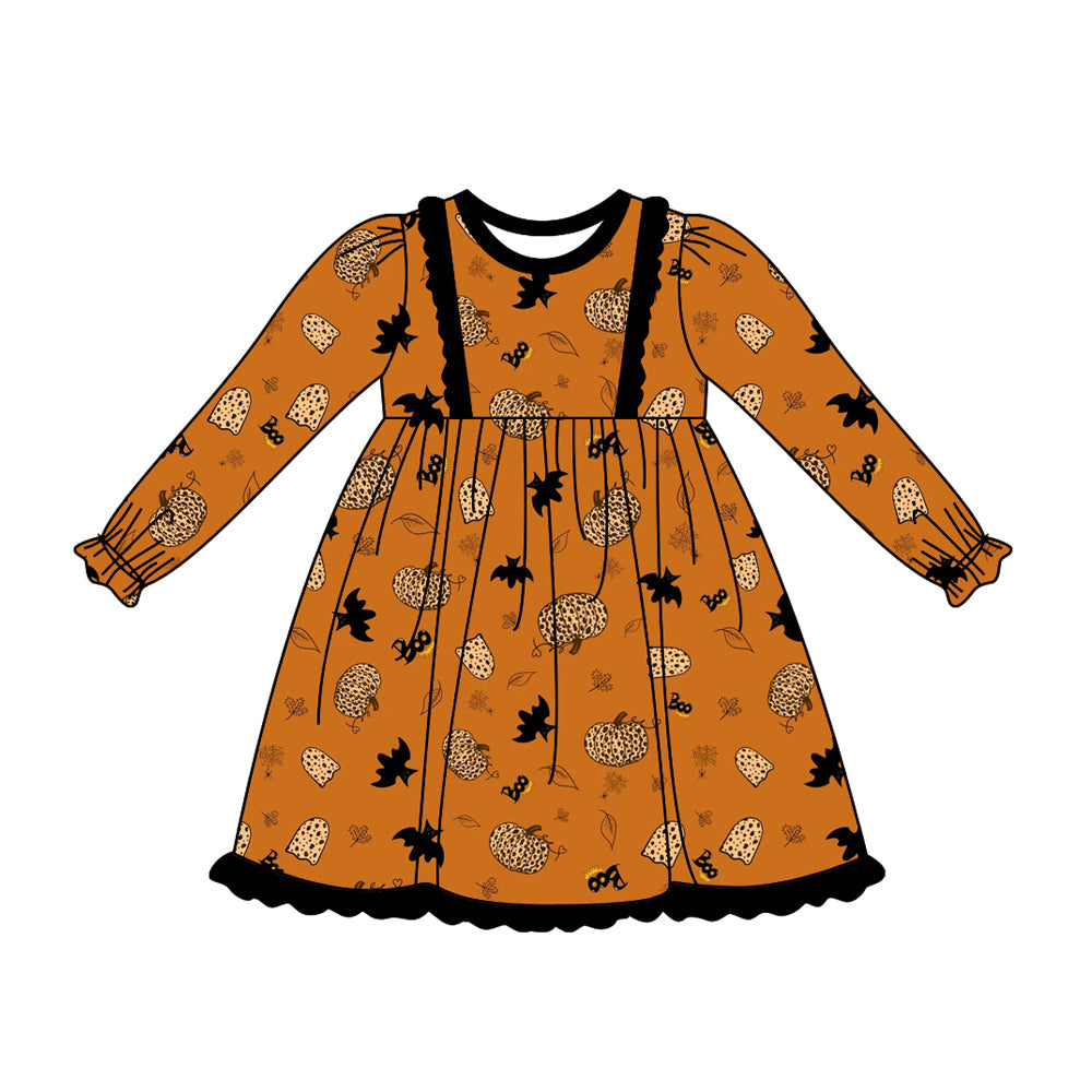 MOQ:5 Orange Girl Long Sleeve Wholesale Boutique Kid Clothing Kid Dresses