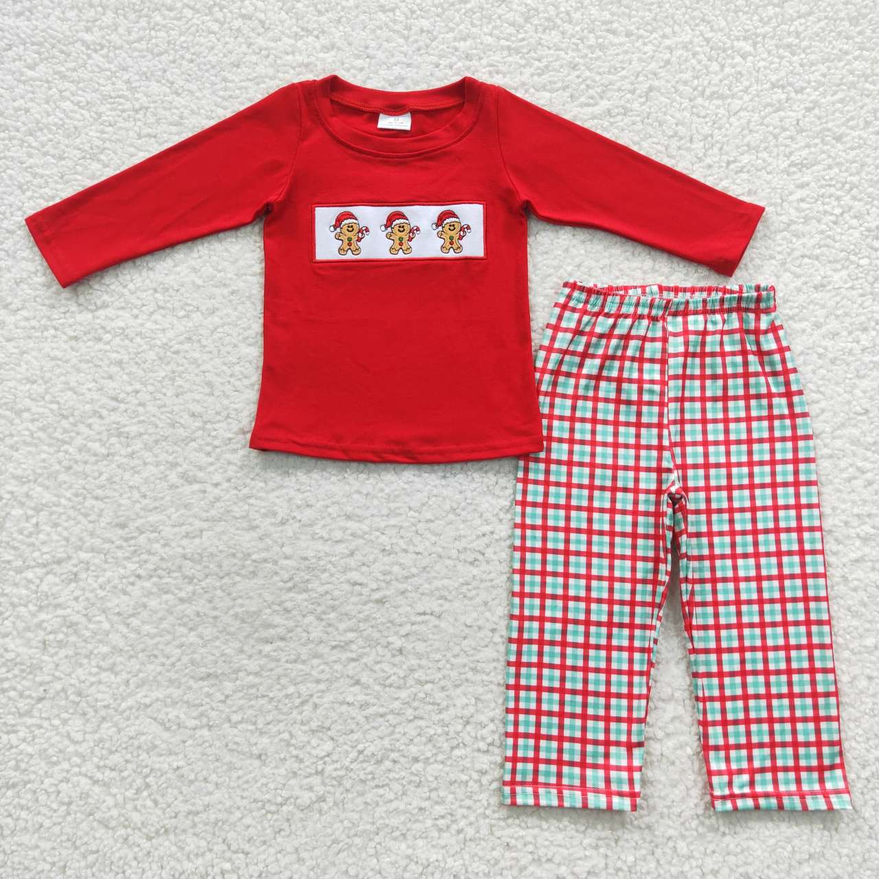 BLP0202 Embroidered gingerbread Man red and green plaid long-sleeved Christmas pantsuit