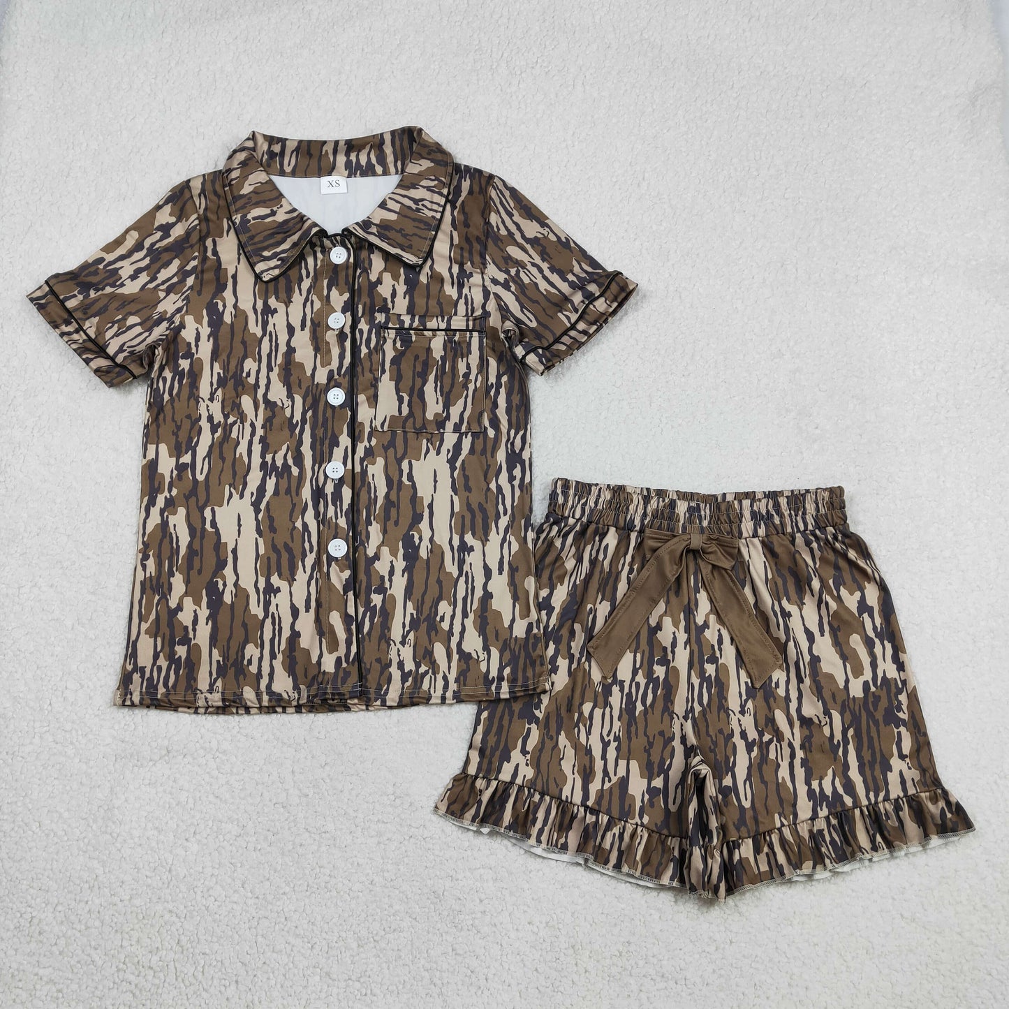 RTS Adult Women Short Sleeves Camo Buttons Pocket Shirt Ruffle Bow Shorts Pajamas Set