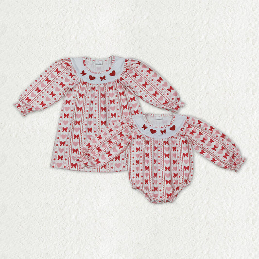 RTS Sibling Baby Girl Long Sleeves Embroidery Red Hearts Bows Valentine's Day Romper Dress