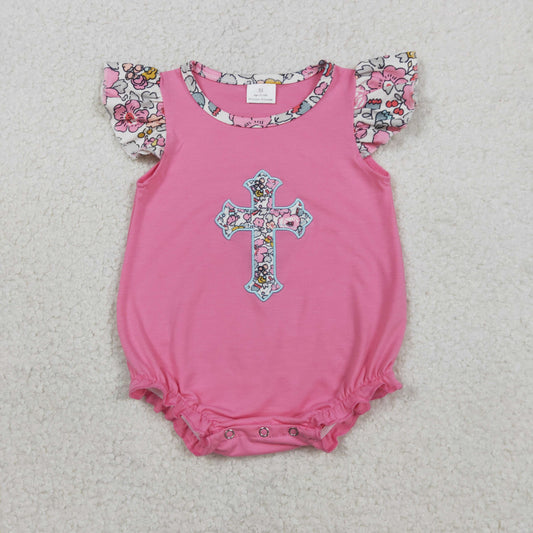 RTS Baby Girls Infant Short Sleeves Embroidery Flower Cross Easter Pink Bubble Romper