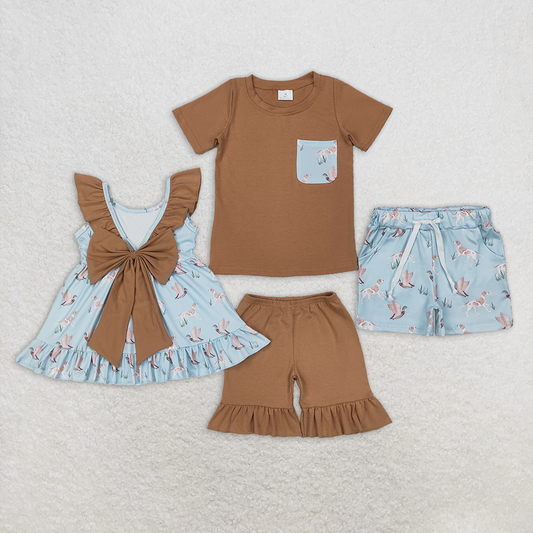 RTS NO MOQ Summer Sibling  Baby Girls Boys Khaki Pocket Top Duck Dog Shorts Clothing Set