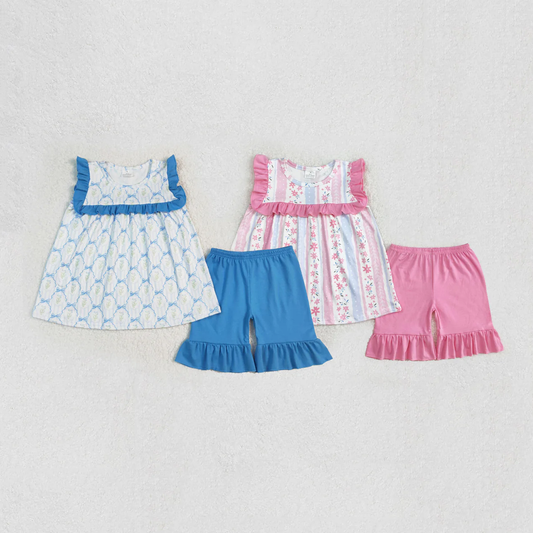 RTS NO MOQ Summer Sibling Baby Girls Bows Flowers Tunic Ruffle Shorts Sets