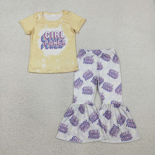 Baby Girls Yellow Short Sleeves Power Shirt Bell Bottoms Pants Clothes Set RTS