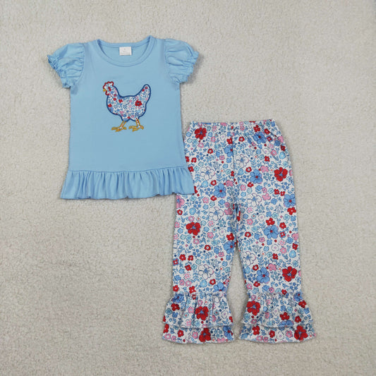 RTS Baby Girls Blue Short Sleeves Embroidery Chicken Tops Floral Ruffle Pants Set