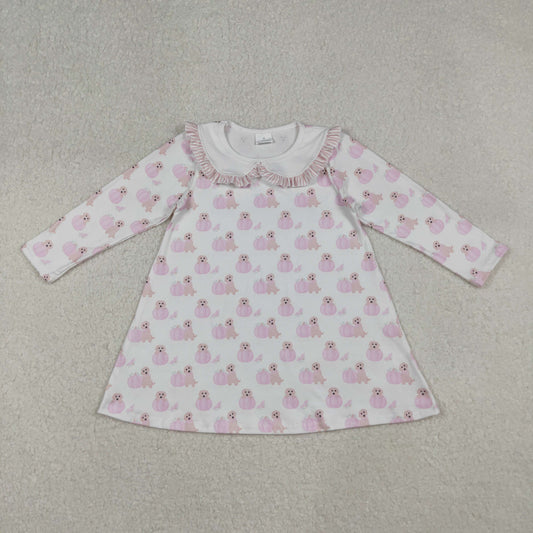 RTS Baby Girl Long Sleeves Pumpkins Dogs Pink Fall Knee Length Dress