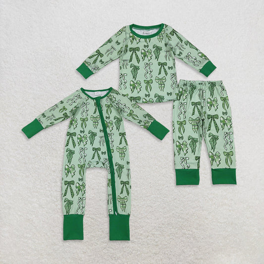 RTS Sibling Girls Kids Long Sleeves Green Clovers Bows St Patrick Zipper Romper Pajamas Set