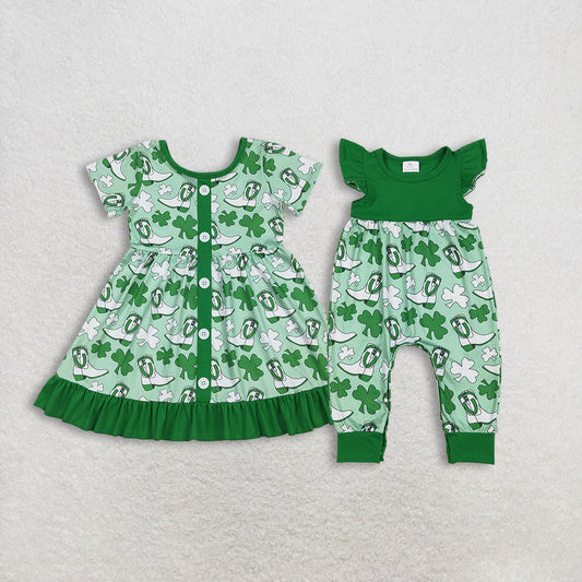 RTS Sibling Baby Girls Kids Short Sleeves Clovers Boots St Patrick Green Romper Dress
