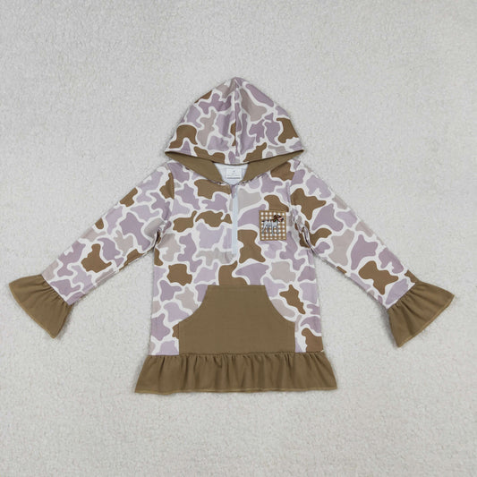 RTS Baby Girl Long Sleeves Embroidery Dog Duck Hoodie Zipper Khaki Camo Shirt