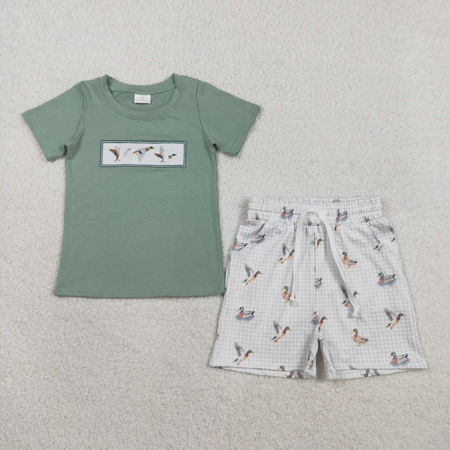 RTS Baby Boys Kids Short Sleeves Embroidery Ducks Shirt Pockets Shorts Set