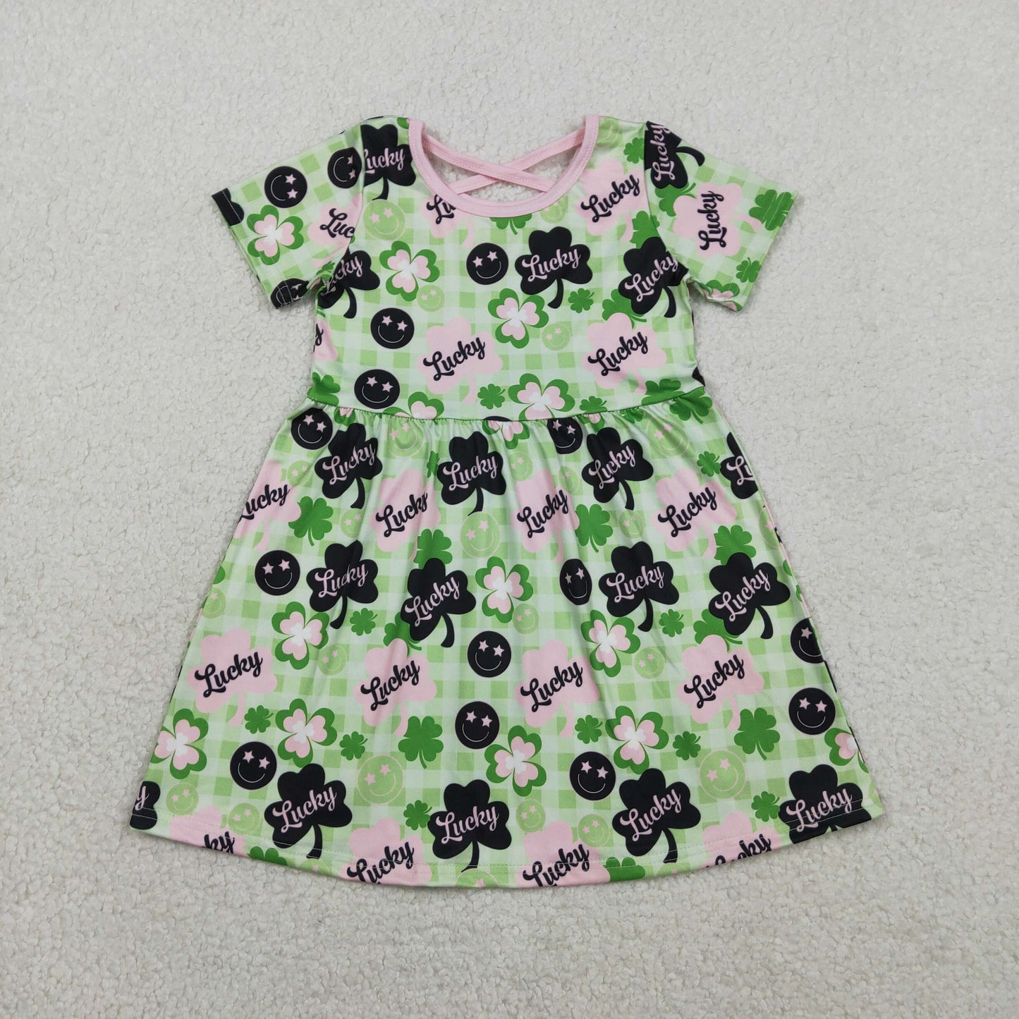 RTS Baby Girls Kids Short Sleeves Smile Plaid St. Patrick's Day Green Knee Length Dress