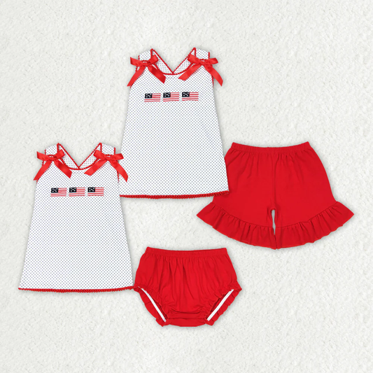 RTS NO MOQ Summer Sibling Baby Girls 4th Of July Flags Top Bummie Shorts Outfits