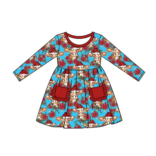 MOQ:5 Cow Girl Long Sleeve Wholesale Boutique Kid Clothing Kid Dresses