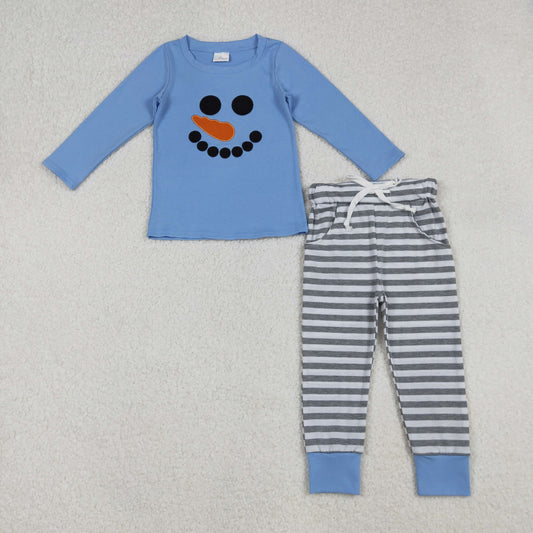 RTS Baby Boy Long Sleeves Embroidery Christmas Snowman Blue Shirt Stripes Pants Outfit
