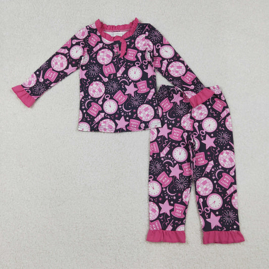 RTS Baby Girls Kids Long Sleeves Shirt Pants Happy New Year Pink Pajamas Set