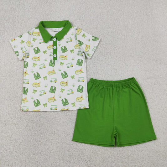 RTS Baby Boys Kids Short Sleeves Golf Buttons Shirt Green Shorts Clothes Set