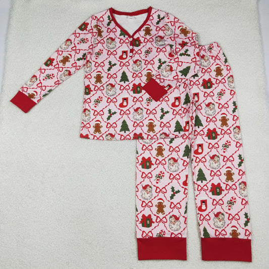 RTS Adult Woman Gingerbread Bows Santa Shirt Pants Christmas Pajamas Clothes Set