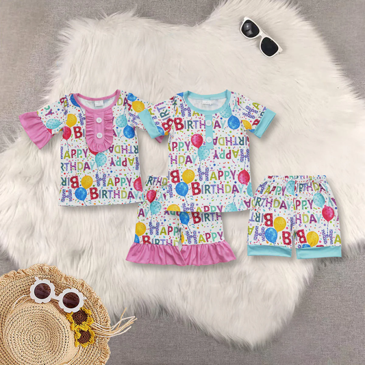 RTS NO MOQ Summer Sibling Baby Girls Boys Short Sleeves Birthday Party Button Top Shorts Pajamas Sets