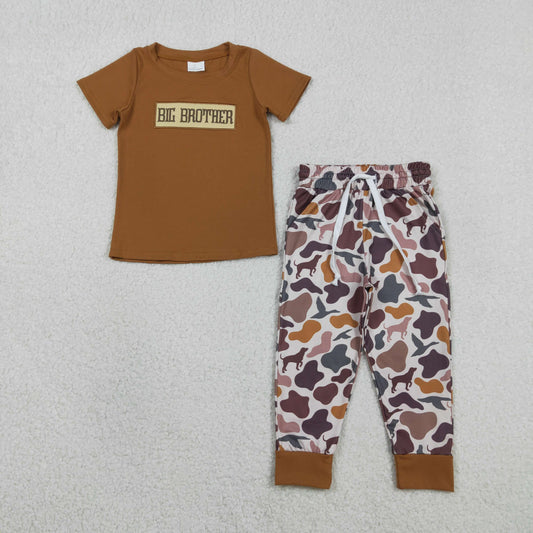 RTS Baby Boys Short Sleeves Embroidery Big Brother Brown Shirt Camo Pants Clothes Set
