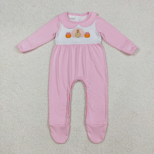 RTS Baby Girl Pink Long Sleeves Embroidery turkey Pumpkins Thanksgiving Footie Sleeper Romper