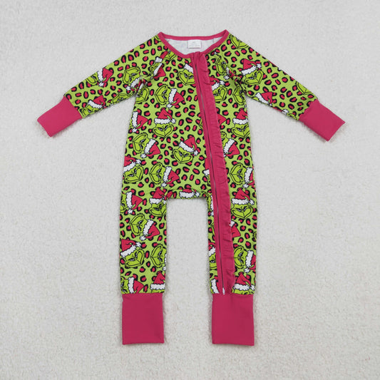 RTS Baby Girl Fur Long Sleeves Green Face Leopard Christmas Red Zipper Pajamas Romper