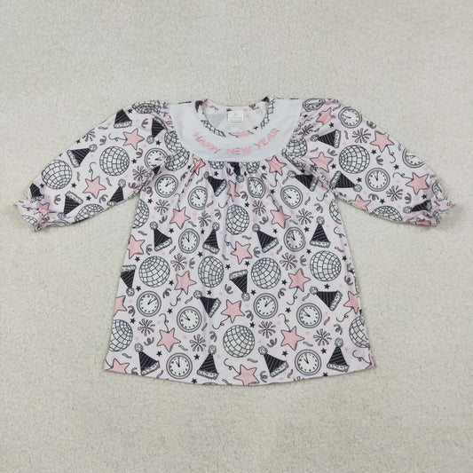 RTS Baby Girl Long Sleeves Embroidery Happy New Year Stars Knee Length Dress