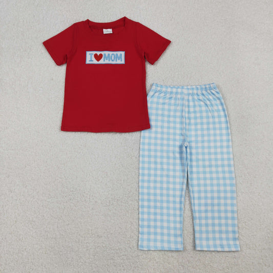 RTS Kids Boys Embroidery I Love MOM Red Shirt Plaid Pants Set Clothes