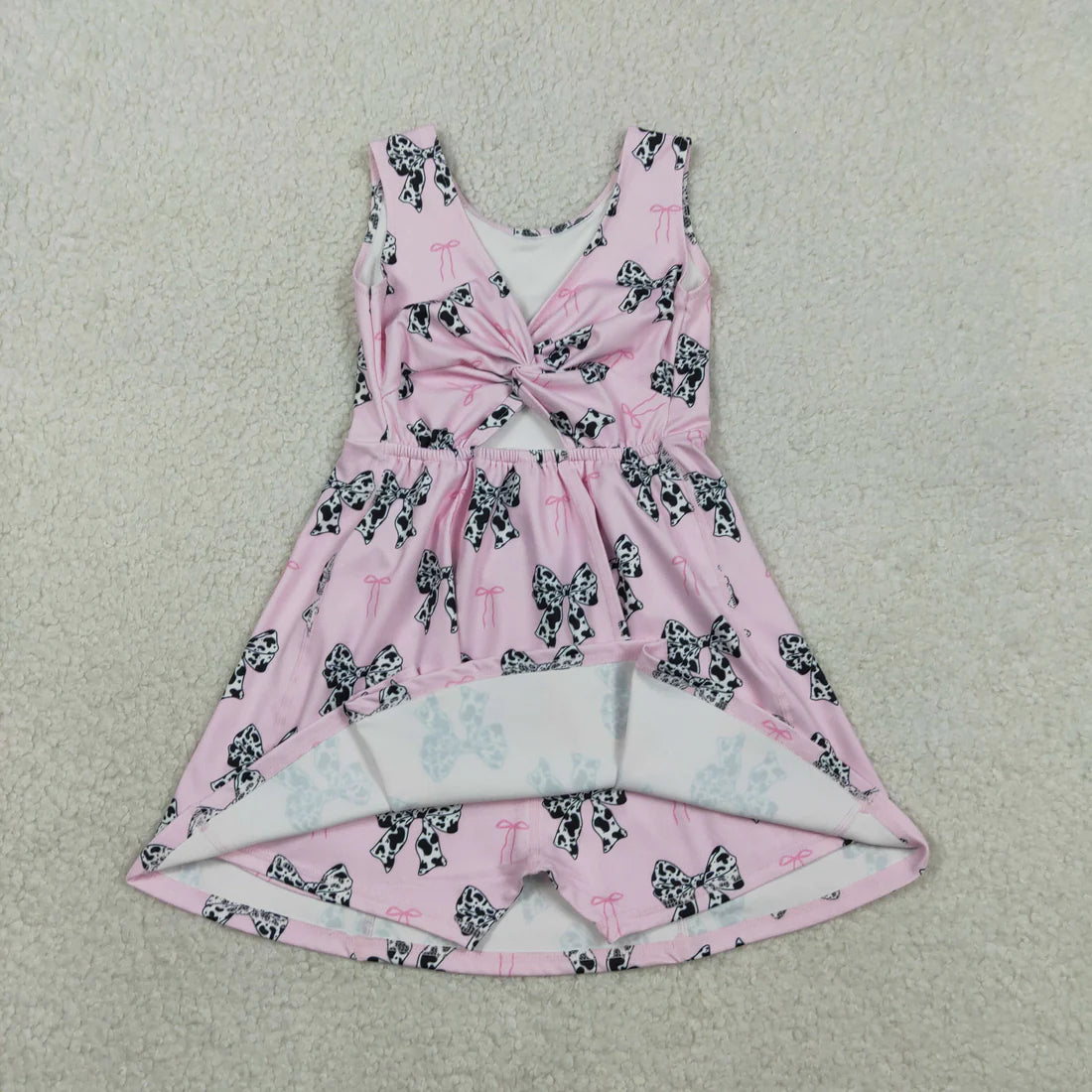 RTS Baby Girls Sleeveless Cow Print Bows Pink Yoga Shorts Knee Length Dress