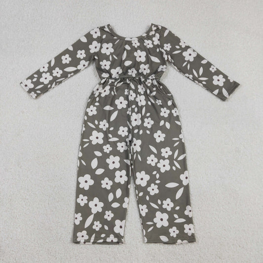 RTS Baby Girls Kids Long Sleeves Flower Buttons Pockets Pants Jumpsuit