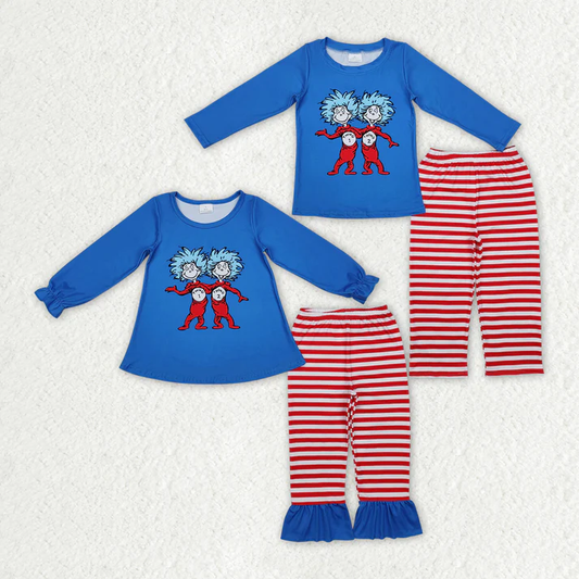 RTS NO MOQ Sibling Boys Baby Girls Long Sleeve Sets Blue Cat Hat Top Red Stripe Pants Clothes Suits