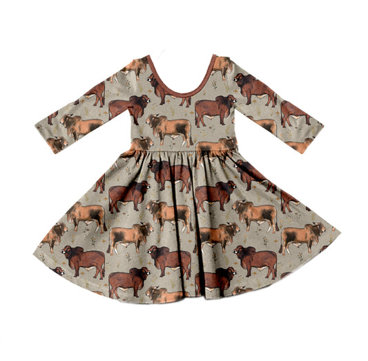 MOQ:5 Brown Cow Cute Girls Long Sleeve Wholesale Boutique Kid Clothing Kid Dresses