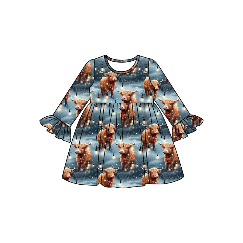 MOQ:5 Cow Girls Long Sleeve Wholesale Boutique Kid Clothing Kid Dresses