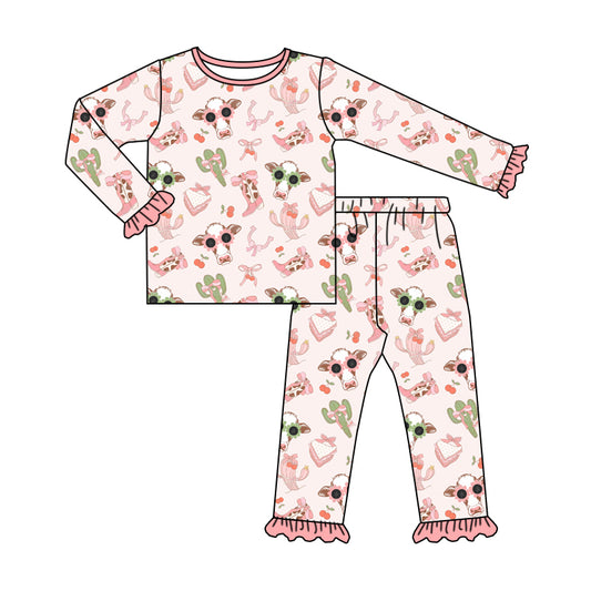 MOQ:5 Cute Pink Cow Long Sleeve Wholesale Boutique Kid Clothing Set