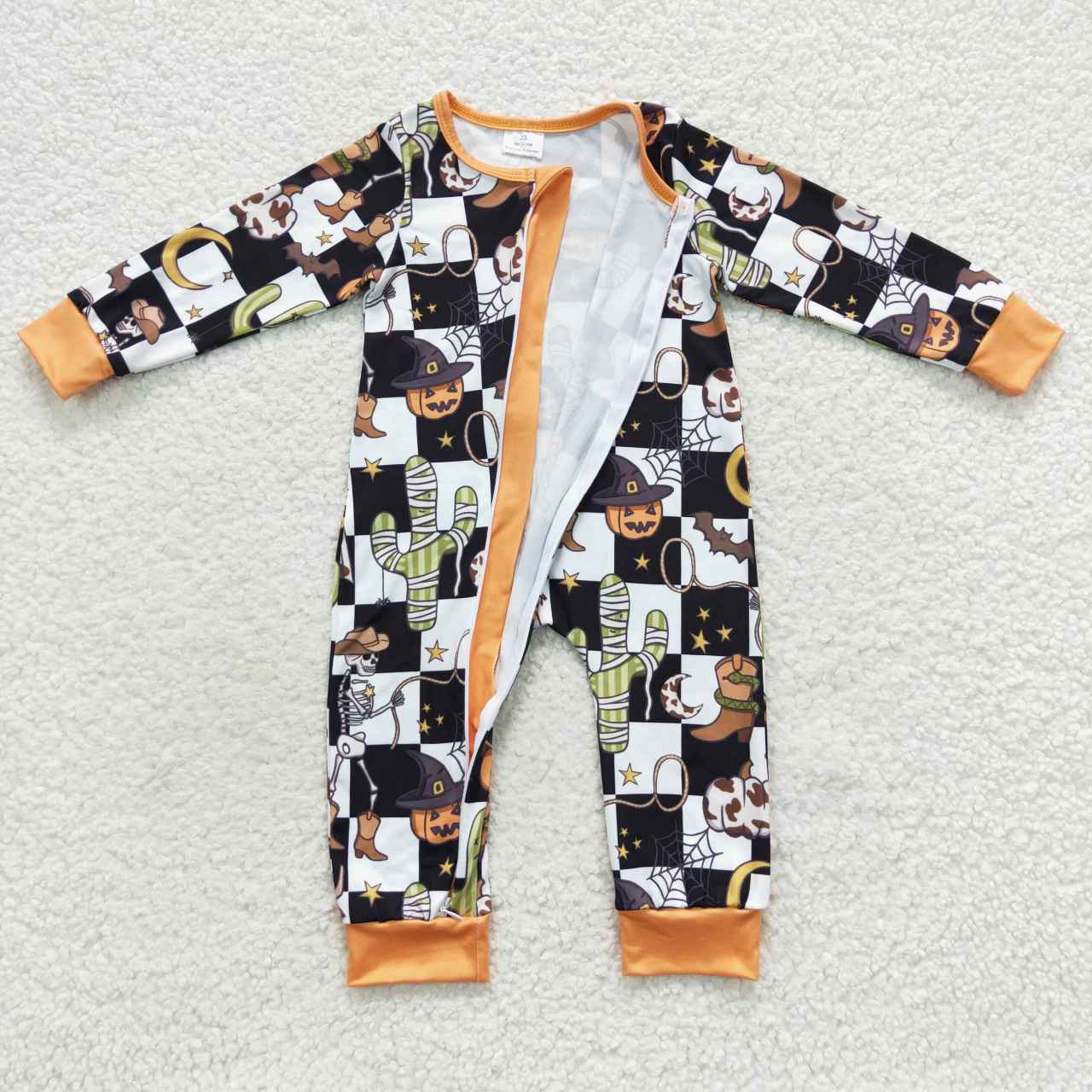 LR0404 Cactus pumpkin black and white checkered zip-up long-sleeved onesie