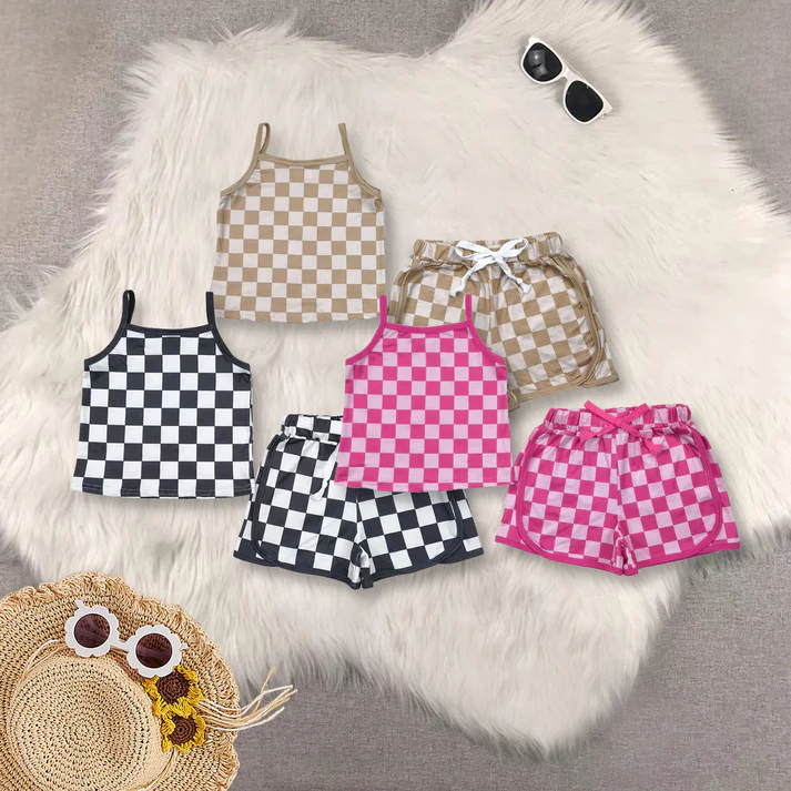 RTS NO MOQ Summer Sibling Baby Girls Strap Plaid Top Short Sports Sets