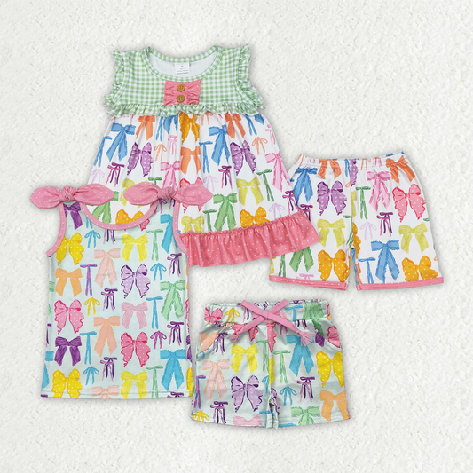 RTS NO MOQ Summer Sibling Baby Girls Sleeveless Colorful Bows Tops Shorts Outfits Sets