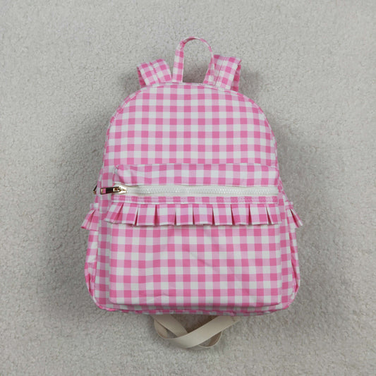 Baby Girls Kids Pink Plaid Zipper Backpack School Ruffle Bag RTS