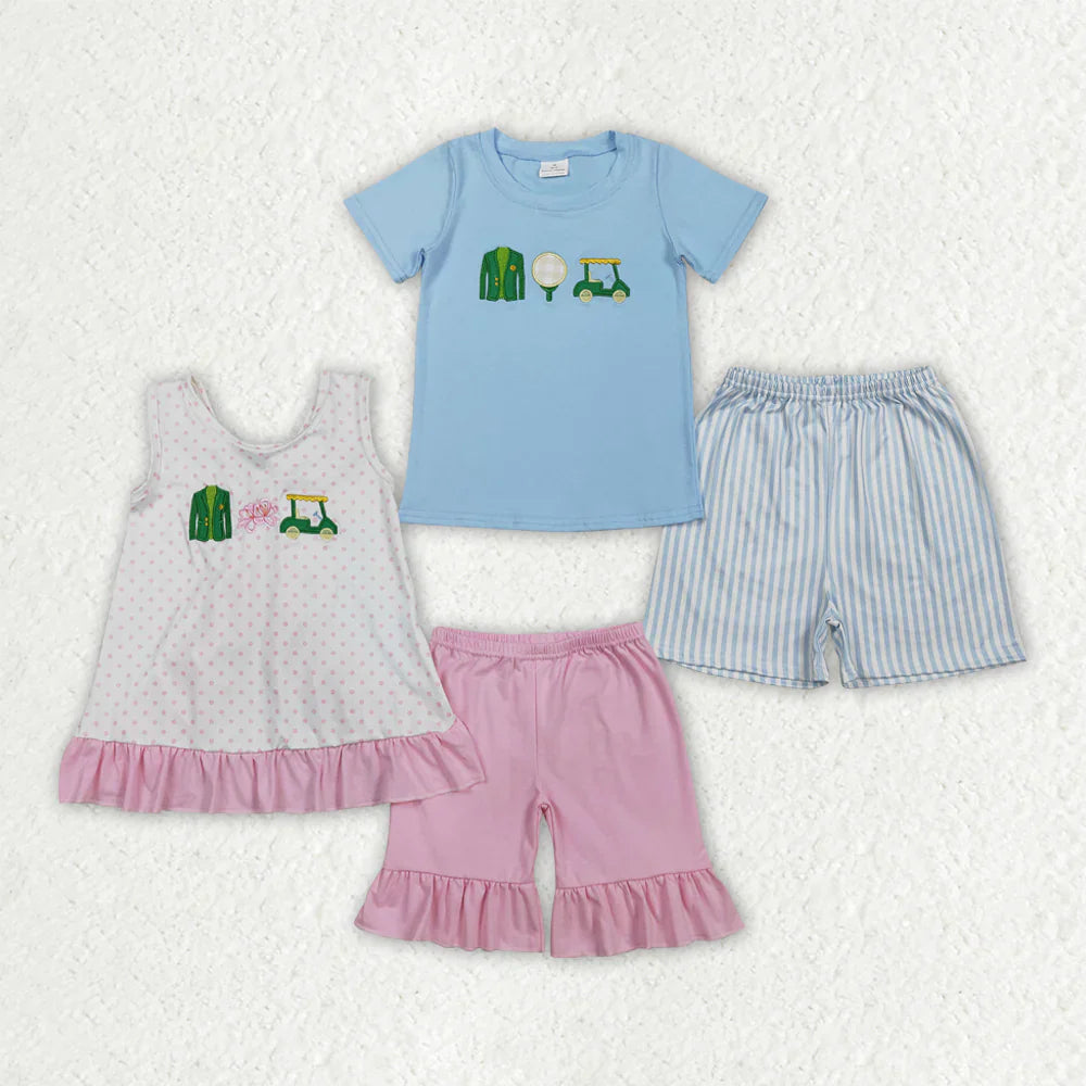 RTS Sibling Baby Boys Girls Kids Embroidery Golf Tops Shorts Clothes Sets